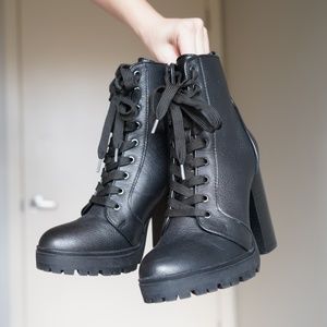 Steve Madden Black Leather Heeled Combat Booties